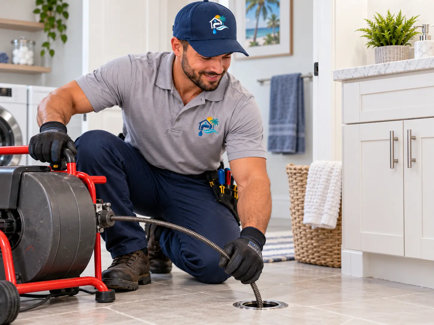 Plumber operating a drain cleaning machine at a floor drain in a laundry room