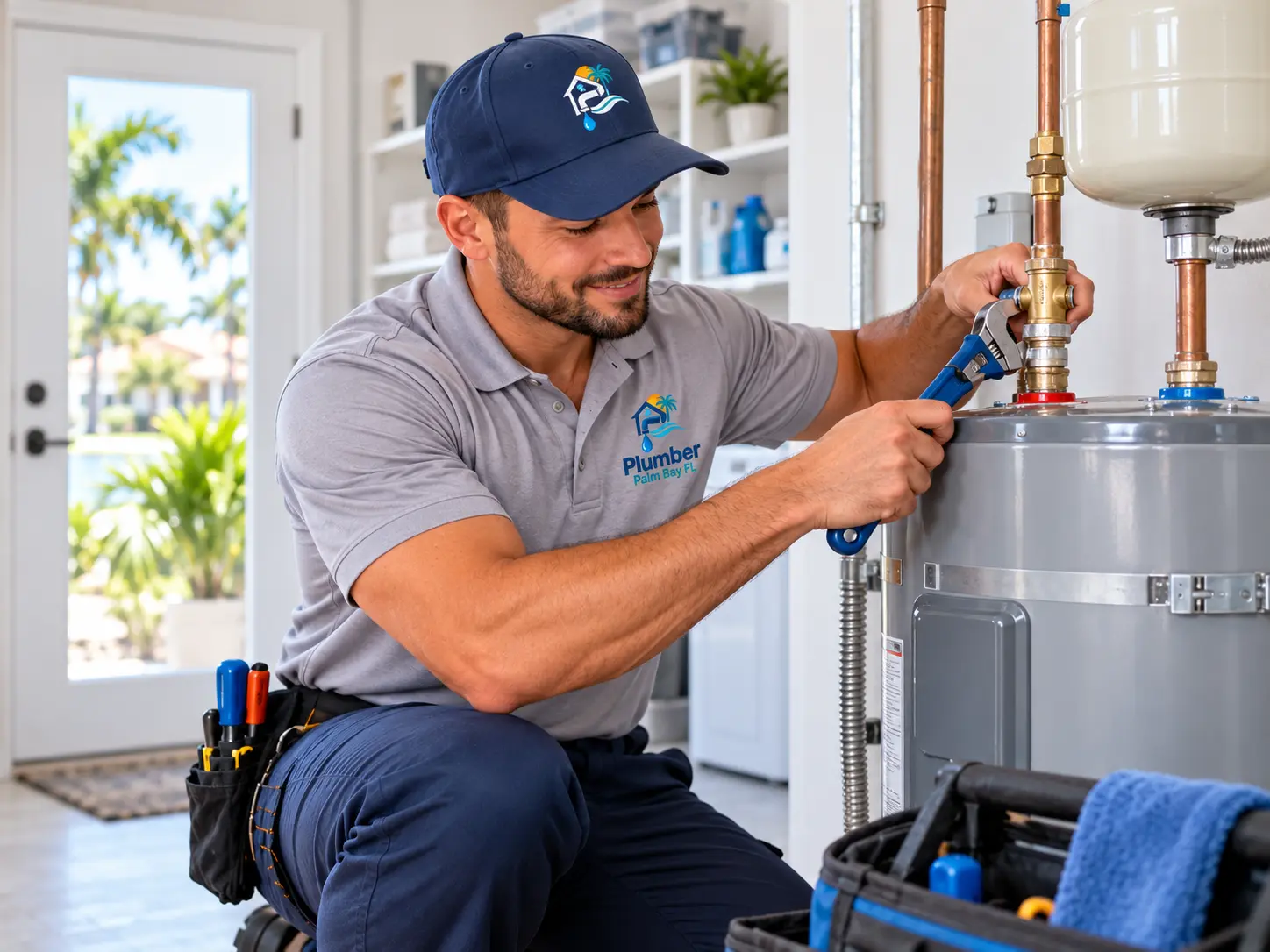 Plumber servicing the copper supply connections on a residential water heater
